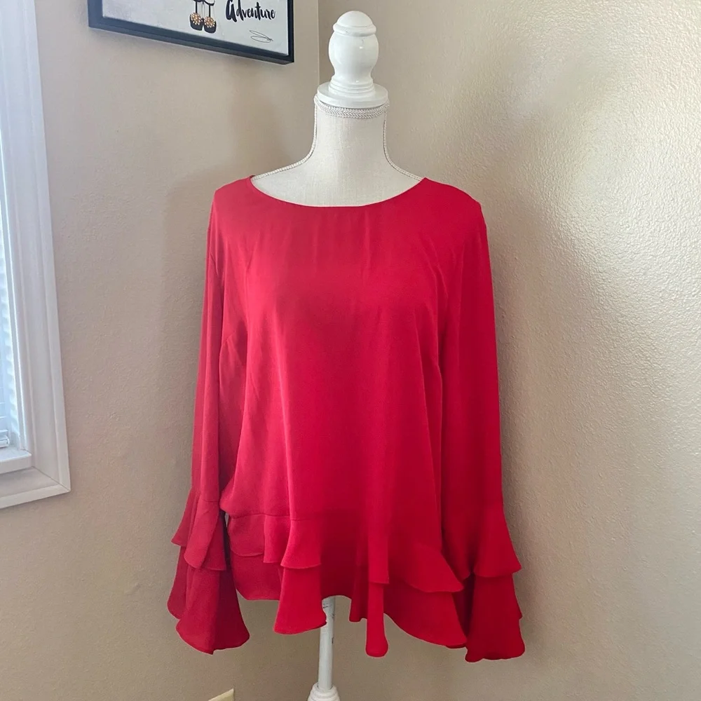 a.n.a Vibrant Red Ruffle Long Sleeve Blouse, Sz. XL